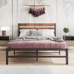 BOFENG Double Bed Frames With Wood Headboard,Heavy Duty Metal Platform Bed Frame Double Bed No Box Spring Needed,Solid Slatted Bedstead Base/Mattress Base/Underbed Storage/Easy Assembly