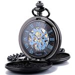 ManChDa Retro Mens Black Blue Double Open Skeleton Mechanical Roman Numerals Pocket Watch with Chain Gift (1-1 Black Blue)