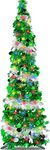 WINOK 5 FT Collapsible Artificial Christmas Tree, Collapsible Pop Up Christmas Tinsel Tree with 100 Color LED Lights, Tinsel Christmas Tree for Home Party Indoor Outdoor Xmas Decoration