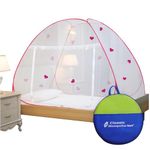 Classic Mosquito Net for Single Bed Foldable Machardani Polyester Strong 30GSM mesh, PVC Coated Steel Wire (Pink+Heart)