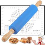 Rolling Pin with Baking Mat, 17 inch Stainless Steel Revolving Silicone Rolling Pins for Baking with Silicone Mat & Wooden Handle, Blue Large Dough Roller Non-Stick for Pizza, Pasta, Cookie, Pie Crus