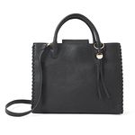 Accessorize London Women's Black Faux Leather Black Whipstitch Handheld Bag |Big Size | Stylish Handbag for women with Zip Closure | Fit for Office Bag, College, Travel Use