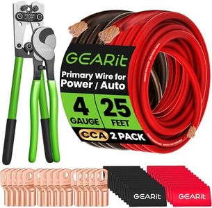 GearIT 4 Gauge CCA Ground Wire (25FT Each - Black and Red) All-in-One Kit: Crimping Tool, Cutter, 15 Lugs, and 20 Heat Shrink Wrap