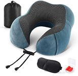 Emgthe Travel Pillow 100% Memory Foam Pillow, Neck Pillow for Airplane, Neck & Head Support Pillow for Sleeping Rest & Car, Travel Pillows Kit with Storage Bag, Sleep Mask and Earplugs Blue