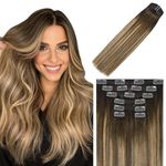 WindTouch Balayage Brown Clip in Hair Extensions Real Human Hair, Ombre Hair Extensions Chocolate Brown to Caramel Blonde 14 Inch 120g, Clip in Hair Extensions Remy Human Hair Extensions