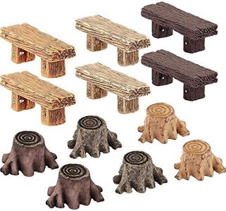 12 Pieces Miniature Garden Ornaments, Includes 6 Pieces Retro Wooden Style Benches, 6 Pieces Artificial Mini Root Stump for Moss Terrariums Landscape Dollhouse Accessories Decorations