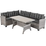 CASARIA® Lisbon Polyrattan Garden Corner Lounge Dining Table Set | Bench WPC Table Top 7cm Thick Seat Cushions | Weatherproof Outdoor Patio Seating Group Garden Furniture | Grey