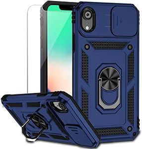 for iPhone XR Case with Camera Lens Cover HD Screen Protector, Dual Layer [15 FT Military Grade Drop Protection] Magnetic Ring Holder Kickstand Protective Phone Case for iPhone XR 6.1 inch (Navy Blue)