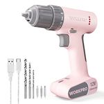 WORKPRO 12V Cordless Pink Drill Set, Electric Drill Kit with 3/8-Inch Keyless Chuck, 6 Pcs Bits, Variable Speed, 18 Touque Setting, Type-C Charge Cable, Led Light