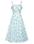 Belle Poque Women's Square Neck Spaghetti Strap Dress Elegant Wedding Guest Dress Summer Casual Tea Dresses Blue Floral BP0922-04 S