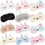 12 Pieces Soft Plush Sleeping Mask Cute Kids Eye Mask Blindfold Eye Shade Sleeping Mask Eye Cover for Women Girls Travel Nap Sleep Lunch Break Overnight Party (Unicorn, Rabbit)