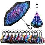 Meiliss Double Layer Inverted Umbrella with C-Shaped Handle, Anti-UV Waterproof Windproof Straight Umbrella for Car Rain Outdoor Use (Dahlias Flower) By CA'Newtrade