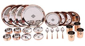 Indian Art Villa Steel Copper 24 Piece Dinner Thali Set – Serving Food Dishes Tableware Kitchen & Dining Tableware