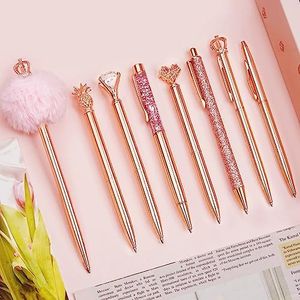 WEMATE 8Pcs Ballpoint Pens Set Metal Crystal Diamond Pen Glitter Pen for Journaling Pen Bling in Black & Blue Ink Pretty Cute Pens Fancy Pens Gifts for Women Wedding School Office Desk (Rose Gold)