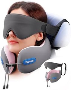 SARISUN Neck Pillow, Real Neck Support Travel Pillow with Strap, Combo with 3D Eye Mask for Sleep, Dual-Density Supportive Foam Neck Pillow for Airplane Flights, Car Trip Travel Essentials Grey&Pink