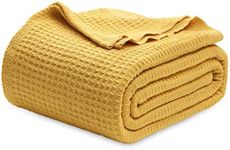 Bedsure 100% Cotton Blanket Queen Size for Bed - Breathable and Soft, Waffle Weave Blanket for Summer Spring, Mustard Yellow, 90x90 Inches