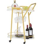 HOOBRO Drinks Trolley on Wheels, 2-Tier Bar Cart, Serving Cart with Wine Rack and Cup Holders, Oval Kitchen Trolley with Wheels, for Home Bar, Kitchen, Living Room, Garden, Marble and Gold EDM28TC01