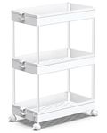 SPACEKEEPER Storage Trolley 3-Tier Slide Out Rolling Utility Cart Shelf Rack on Wheels Multi-purpose Shelving Organizer for Office, Kitchen, Bedroom, Bathroom, Laundry Room & Dressers, White