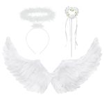 White Angel Wings and Halo with Fairy Wand - 3 Piece Fairy Wings Halloween Angel Costume Women or Christmas Nativity Angel Wings for Kids - One Size White Angel Wings Fancy Dress