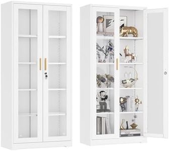 UNICOLY Display Cabinet with Glass Doors, Curio Cabinets with Locking Doors, Metal Storage Cabinet for Kitchen,Living Room 71” H, Assembly Required, White