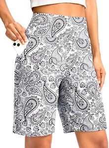 G Gradual Women's Bermuda Long Shorts with Pockets 9" High Waisted Knee Length Shorts for Women Walking Athletic Workout(White Paisley,XXXL)