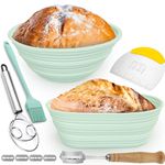 Silicone Banneton Bread Proofing Basket Set - Foldable 9 Inch Round & 10 Inch Oval Sourdough Baskets with 4 Bread Making Accessories, Easy to Clean and Store (Green)