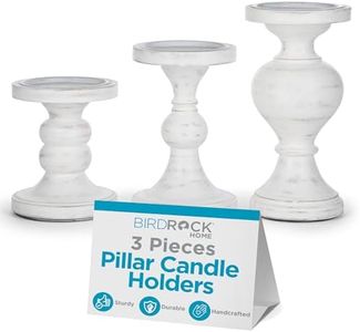 BIRDROCK HOME Pillar Candleholders Set - Wooden Decorative Candle Holders for Table Centerpiece, Mantle, and Dining Room - Tall Handcrafted Candlestick Set, For Farmhouse & Home Decor - Whitewash, 3pc