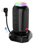 Power Bar Tower-Surge Protector-Fast Charging 30W-Multiple Plug Outlet Spin Tower Station-Colorful Night Light-15 AC Outlets,2 Type C Ports-6.5ft Retractable Extension Cord for Workshop,Garage.