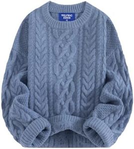 Aelfric Eden Sweaters for Women Oversized Chunky Cable Knit Crew Neck Solid Pullover Sweater Trendy Vintage Fall Tops Blue
