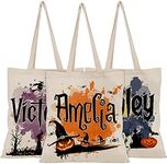 Personalized Halloween Tote Bags w/Name or Text - 6 Design Font 15*16inch Customized Pumpkin Witch Black Cat Castle Skeleton Ghost Canvas Totes Bag for Trick Treat Goodie gift Large C1 Beige C01