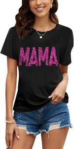 PESION Mama Shirt Womens Short Sleeve Tops Trendy Graphic Tees Casual Mom Tshirts, Black+ Sequin Mama, Large