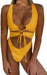 CHYRII Women's Sexy Cutout Lace Up Backless High Cut One Piece Swimsuit Monokini, Marigold, Small