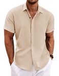 COOFANDY Men's Linen Shirts Short Sleeve Casual Shirts Button Down Shirt for Men Beach Summer Wedding Shirt, Light Khaki, Large