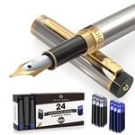 Dryden Designs Fountain Pen Medium Nib | 12 Black and 12 Blue ink cartridges with Ink Refill Converter| Smooth Flow, Consistent writing | Left-and Right-Handed | Metallic Silver