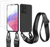 vrupin Compatible with Samsung Galaxy A33 5G Mobile Phone Chain Case, [Pack of 2 Screen Protectors, 9H Hardness Tempered Film], Necklace Case Nylon Shoulder Strap, Soft Liquid Silicone, Black