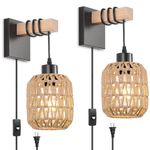 KOONTING Plug in Wall Sconces Set of 2, Farmhouse Wall Light Fixtures with Rattan Boho Woven Lamp Shade, Industrial Wall Lamp with E26 Socket Wall Mount Light for Bedroom Living Room