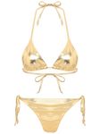 CHICTRY Women Liquid Metallic Bikini 2 Pieces Swimsuit Set Lace-Up Halter Bra Top with Thong Set Gold S