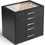 Vlando Jewelry Box with Glass Lid,Jewelry Organizer with 5 Drawers,5-Layer Jewelry Box for Women Girls,Gift for Loved Ones,Black
