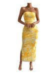 Milumia Women's Printed Strapless Tube Top Long Dress Slit Hem Sleeveless Bodycon Maxi Dresses, Yellow, X-Small