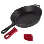 Cast Iron Skillet - 10"-Inch Frying Pan with Pour Spouts + Silicone Heat-Resistant Handle Cover Holder - Pre-Seasoned Oven Safe Cookware - Indoor/Outdoor Use - BBQ, Firepit, Stovetop, Induction Safe