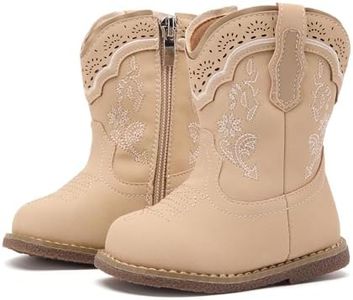 BMCiTYBM Baby Girl Cowgirl Cowboy Boots Infant Boy Western Boots Toddler Round Toe Riding Mid Calf Boots All Seasons for 6 9 12 18 24 Months Beige Size 4 Toddler