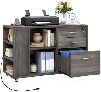DWVO File Cabinet with Charging Station, 3 Drawer Mobile Filing Cabinet with Lock, Printer Stand with Open Storage Shelf for Home Office, Grey