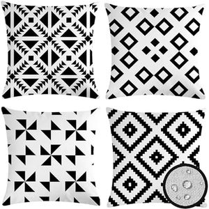 USNEWHOMI Pack of 4 Waterproof Outdoor Indoor Throw Pillow Covers 18x18 Boho Black White Pillowcases Double Sided Farmhouse Cushion Covers for Garden Patio Balcony Sofa Couch, 45X45 cm