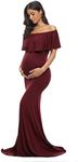 Glampunch Womens Off Shoulder Maternity Dress Ruffles Elegant Slim Gowns Fit Maxi Photography Dress, Burgundy, Medium