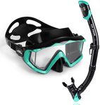 Snorkel Set Pano 3 Adult Snorkeling Gear, Professional Anti-Fog Diving Mask and Dry Top Snorkel, Tempered Glass Scuba Swim Mask for Freediving, Snorkeling and Swimming (Black/Ocean Green Set)
