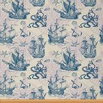 Nautical Sailboat Fabric by The Yard Ocean Marine Octopus Upholstery Fabric for Chairs Vinatge Ocean Voyage Compass Fabric for Upholstery and Home DIY Projects 1 Yard,(L92*W150cm) Blue Beige