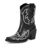 wetkiss Short Cowboy Boots Series for Women, with Embroidery Design, Chunky Heel and Side Zipper, Comfortable and Stylish, #2 Matte Black, 7.5