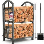 AMAGABELI GARDEN & HOME-Amagabeli Firewood Rack Indoor 5 Pieces Fireplace Tools Set Fire Wood Holder with Tongs Poker Rack Solid Wrought Iron Fireplace Set Kit Wood Stove Accessories Pewter