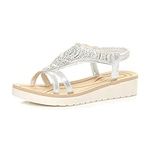 Ajvani Womens Ladies Low Wedge Heel Flatform Diamante t-bar Slingback Sandals - Silver - 8 UK