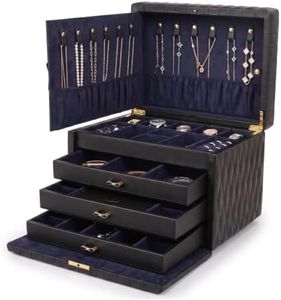 Homruilink Genuine Leather Jewelry Box for Women, 4 Layer, Black